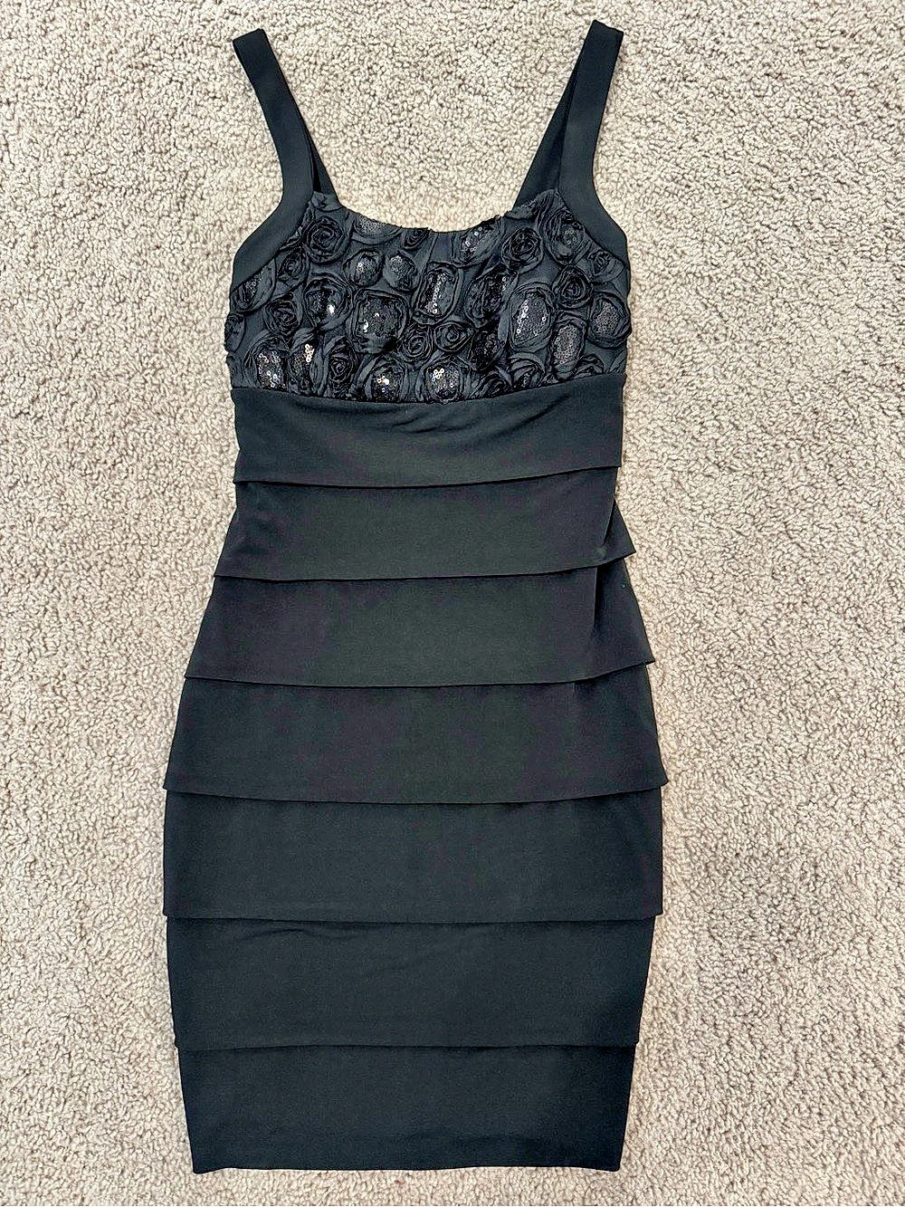 Black Sleeveless Tiered Rosette Midi Dress